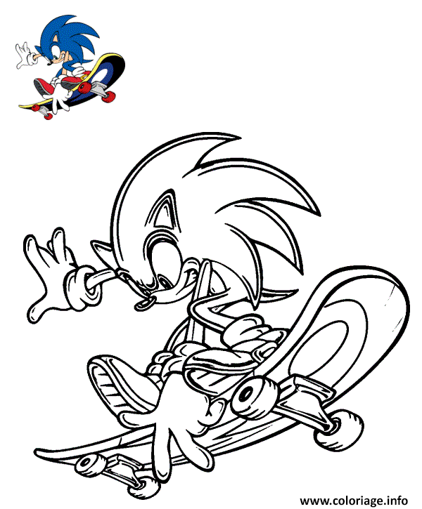 Coloriage sonic est sur la planche a roulette  JeColorie.com